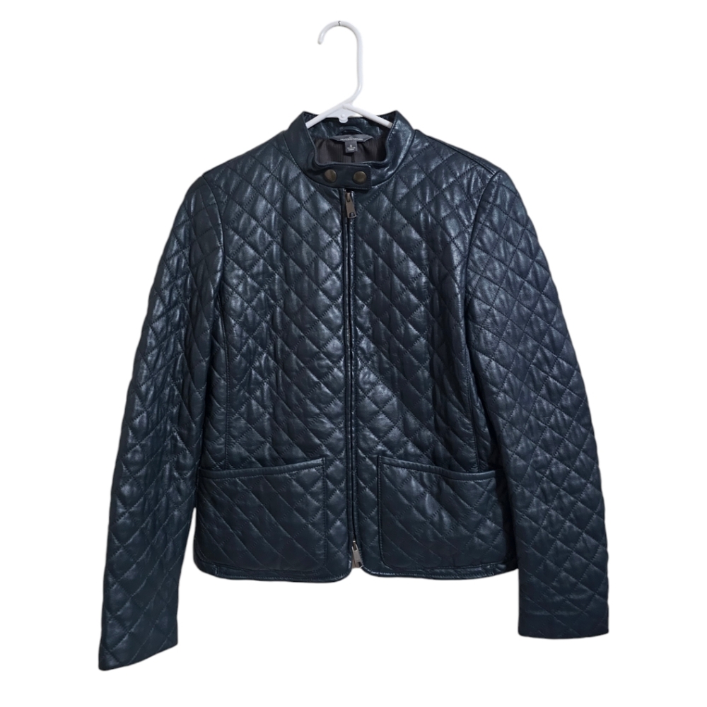 LLBean Signature Green Leather Diamond Quilted Jacket, Size 6